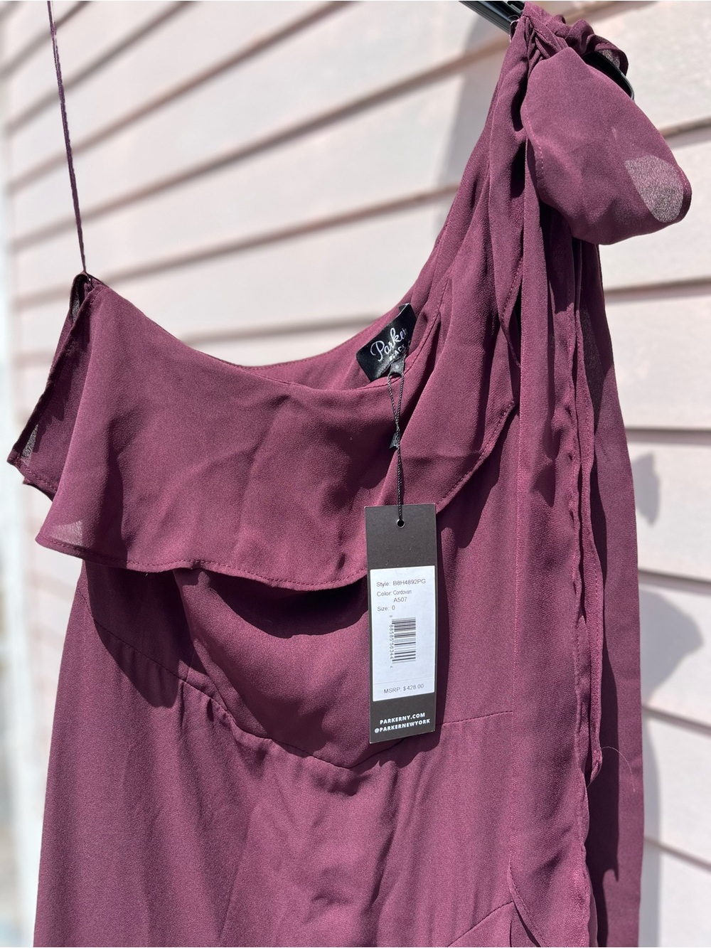 One-Shoulder Wine Ruffle Midi Dress - Picture 4 of 7